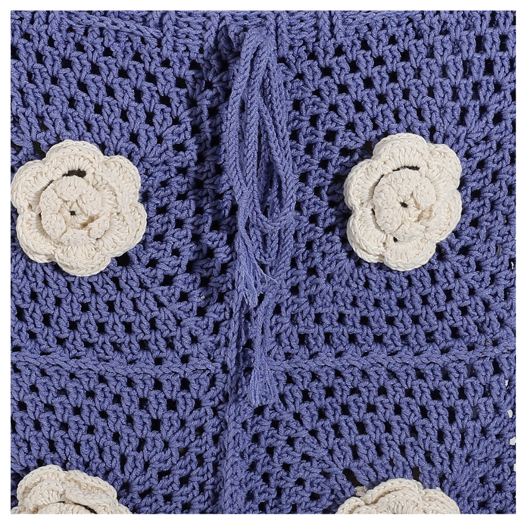 Handmade Crochet Skirt with Floral Appliqué – Purple & Cream